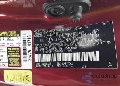 2014 Toyota Sienna L V6 7 Passenger z USA, uszkodzony, nr VIN 5TDZK3DC4ES406178